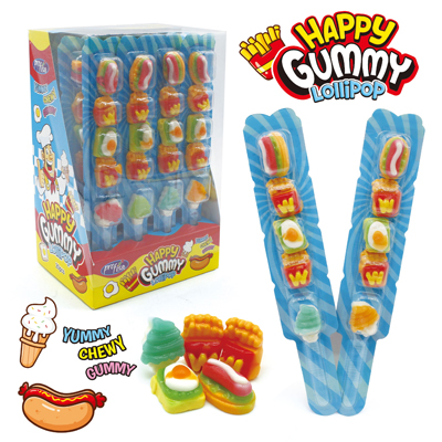 Happy Gummy Lollipop set featuring colorful and chewy candy designs in playful shapes.