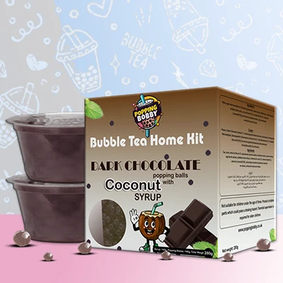 Popping Bobby Bubble Tea Home Kit with Dark Chocolate Popping Balls and Coconut Syrup, perfect for a rich DIY bubble tea experience.