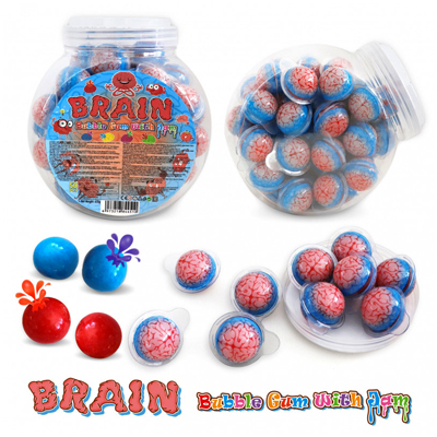 Brain Bubble Gum with a fun brain design and colorful packaging, featuring a juicy filling.