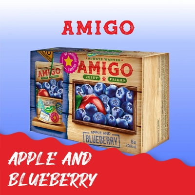 Amigo Apple and Blueberry Juice packaging featuring vibrant fruit imagery and a wooden design.