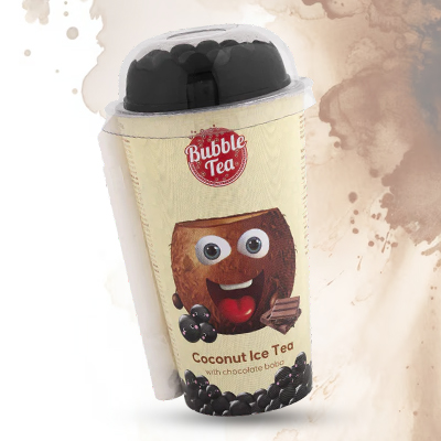 Bubble Tea Coconut Ice Tea with chocolate boba, featuring a playful coconut-themed design.