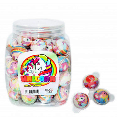 Jar of Unicorn Jelly Candy featuring colorful, unicorn-themed packaging and playful designs.