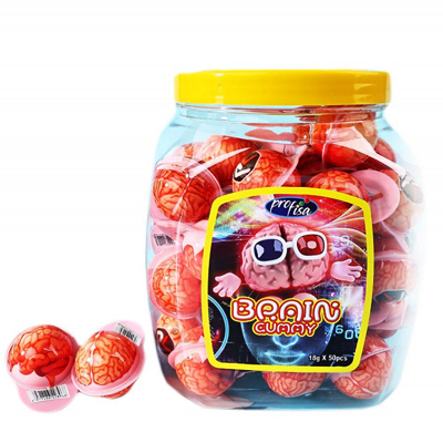 Brain Gummy candies in a jar with a playful design and vibrant red brain-shaped treats.