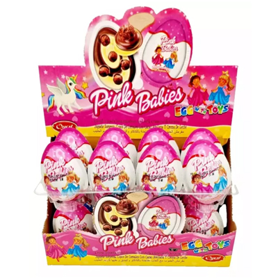 Pink Babies egg-shaped candy with toys, featuring a fun display box and vibrant pink packaging.