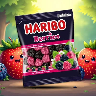 Haribo Berries candy pack featuring colorful gummy treats with a playful berry-themed background.