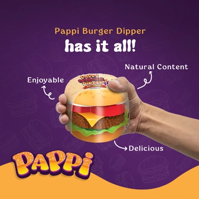 Pappi Burger Dipper with fun burger-shaped packaging, highlighting its delicious and enjoyable content.