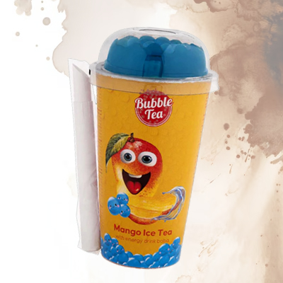 Bubble Tea Mango Ice Tea with energy drink boba, featuring vibrant mango and playful packaging.