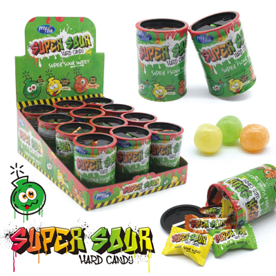 Super Sour Hard Candy displayed in fun green packaging with colorful sour ball treats.