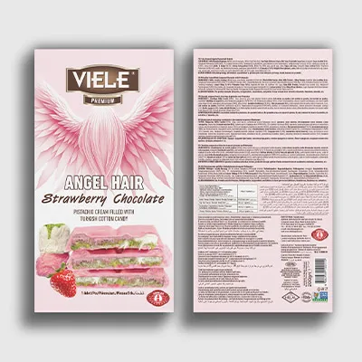 VIELE Angel Hair Strawberry Chocolate with pistachio cream and cotton candy filling, elegantly packed in a soft pink box with winged design.