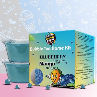 Popping Bobby Bubble Tea Home Kit with Blueberry Popping Balls and Mango Syrup, perfect for a DIY bubble tea experience.