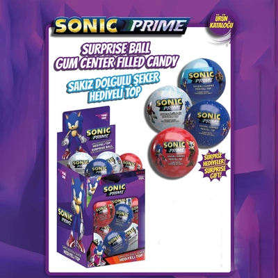 Sonic Prime Surprise Ball candy featuring gum-filled centers and collectible designs in vibrant packaging.