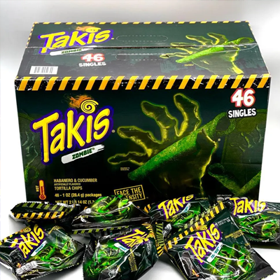 Box of Takis Zombie with 46 single packs featuring habanero and cucumber flavored tortilla chips.