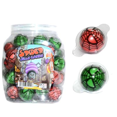Jar of Spider Jelly Candy featuring web-themed designs in red and green colors