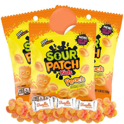 Sour Patch Kids Peach candy packs featuring soft, sweet, and tangy peach-flavored gummies.