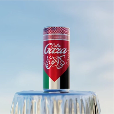 Cola Gaza can with bold red, black, and green design reflecting cultural pride.