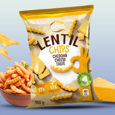 Bag of Lentil Chips with Cheddar Cheese Taste displayed alongside a bowl of chips and cheese slices.