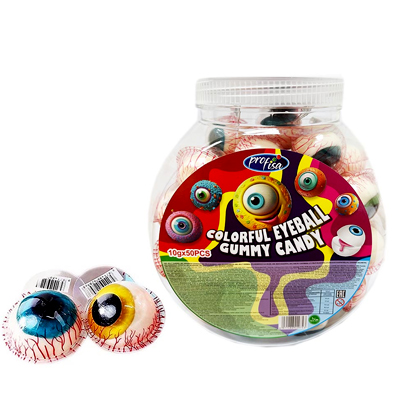 Jar of Profisa Colorful Eyeball Gummy Candy featuring realistic and vibrant eyeball-shaped treats.