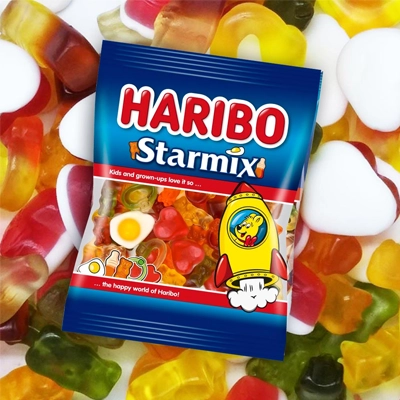 Haribo Starmix candy pack featuring a mix of fun-shaped gummies, including hearts, rings, and cola bottles.