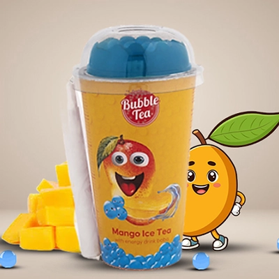 Bubble Tea Mango Ice Tea with energy drink boba, showcasing the juicy sweetness of mango in an energizing drink.