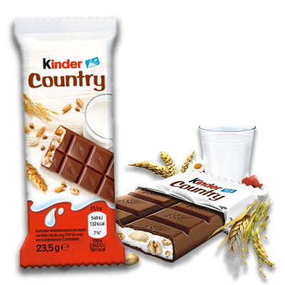 Kinder Country milk chocolate bar filled with creamy milk and crunchy cereal grains, paired with wholesome ingredients.