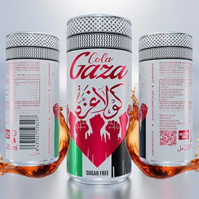 Cola Gaza sugar-free drink can with bold graphics, Arabic calligraphy, and Palestinian flag colors, displayed from multiple angles with cola splash effects.