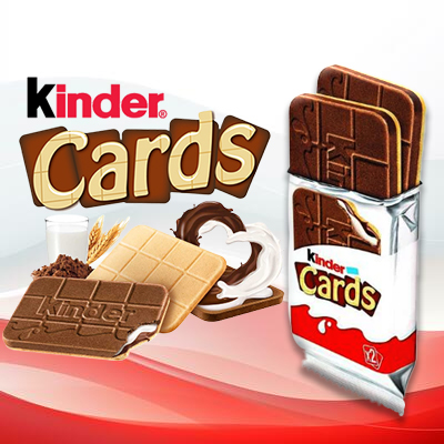 Kinder Cards, crispy chocolate wafer treats with a creamy milk and cocoa filling, presented in stylish packaging.