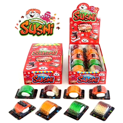 Colorful sushi-shaped gummy candies displayed in playful packaging with individual trays.