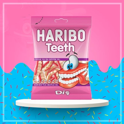 Haribo Teeth candy pack featuring gummy candies in fun tooth-shaped designs with playful packaging.