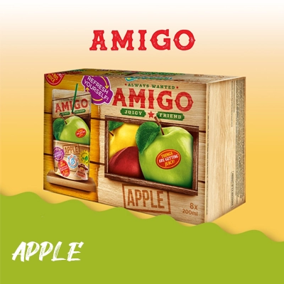 Amigo Apple Juice packaging with vibrant apple imagery and rustic wooden design.