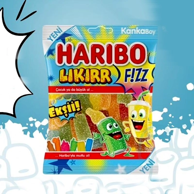 Haribo Likirr Fizz candy pack with colorful sour gummy strips and fun character illustrations.