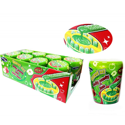Sweet Set Jelly Candy Jam featuring green apple-flavored gummy treats in colorful cup packaging.