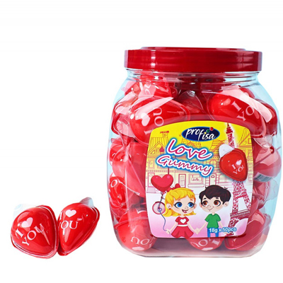 Jar of Profisa Love Gummy candies with heart-shaped red treats and romantic-themed packaging.