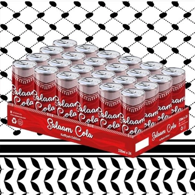 Salaam Cola Keffiyeh Edition 330ml cans in a 24-pack with bold red design and cultural patterns.