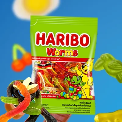Haribo Worms candy pack featuring colorful gummy worms with playful and vibrant packaging."