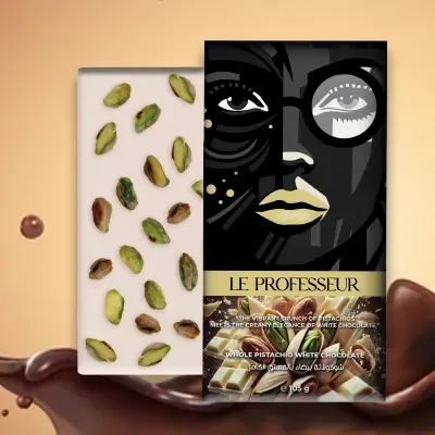 Le Professeur whole pistachio with chocolate bar featuring artistic packaging and rich flavors.
