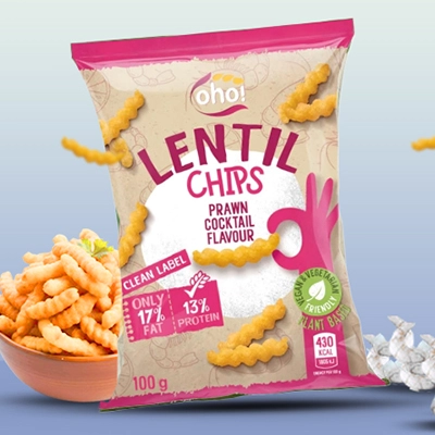 Bag of Lentil Chips Prawn Cocktail Flavour displayed with a bowl of chips and crisp accents.~