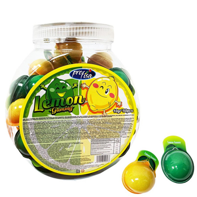 Jar of Profisa Lemon Gummy candies featuring colorful lemon-shaped treats with playful packaging.