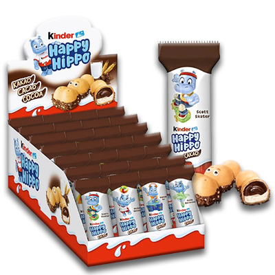 Kinder Happy Hippo Cocoa treats featuring a playful hippo design, filled with creamy cocoa and covered in chocolate.