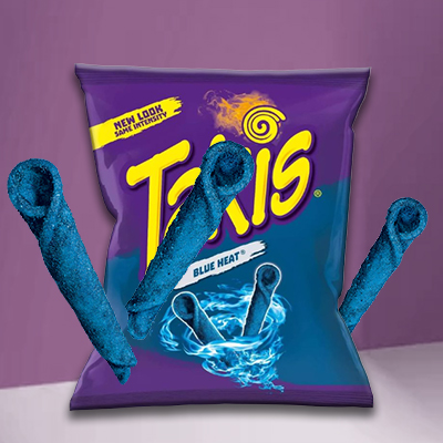 Bag of Takis Blue Heat with intense blue rolled tortilla chips and fiery flavor visuals.