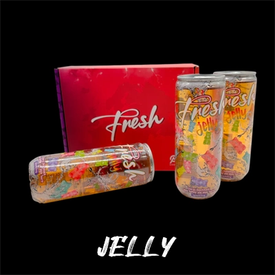 Fresh Jelly drink cans with colorful, playful designs paired with bold pink 'Fresh' packaging.