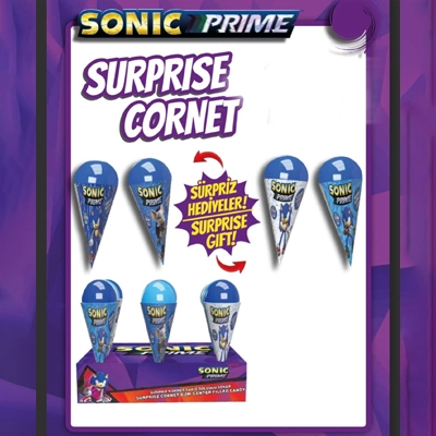 Sonic Prime Surprise Cornet featuring cone-shaped packaging with hidden surprise gifts inside.