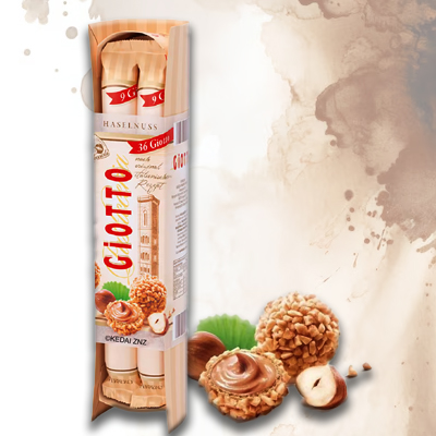 Giotto hazelnut confectionery packaging alongside creamy, nutty treats and whole hazelnuts.