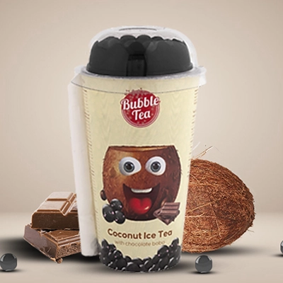 Bubble Tea Coconut Ice Tea with chocolate boba, combining tropical coconut taste with a touch of rich chocolate.