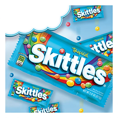 Tropical Skittles candy pack featuring vibrant colors and fruity flavors in bright packaging.