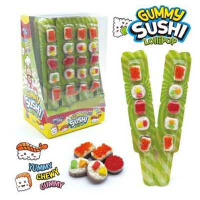 Gummy Sushi Lollipop set featuring colorful candy pieces designed to look like sushi rolls.