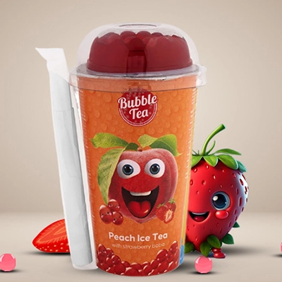 Bubble Tea Peach Ice Tea with strawberry boba, delivering the delightful combination of peach and strawberry flavours.