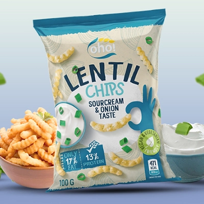 Bag of Lentil Chips Sour Cream & Onion Taste with a bowl of chips and sour cream garnished with chives.