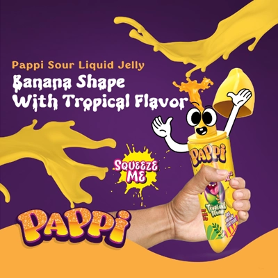 Pappi Sour Liquid Jelly in a banana-shaped bottle with tropical flavor and fun interactive design.
