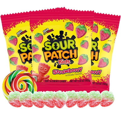 Sour Patch Kids Strawberry candy packs featuring soft, chewy gummies with a sweet and sour twist