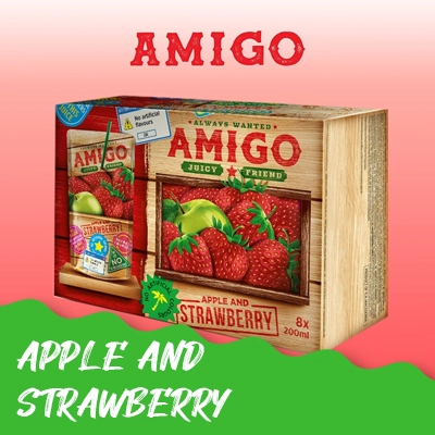 Amigo Apple and Strawberry Juice packaging showcasing vibrant strawberries and apples with a rustic wooden theme